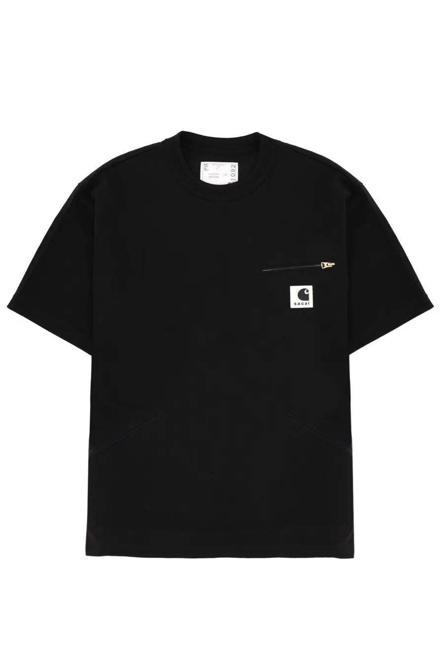Black Sacai Carhartt Wip unisex t-shirt with zippered chest pocket and white logo patch