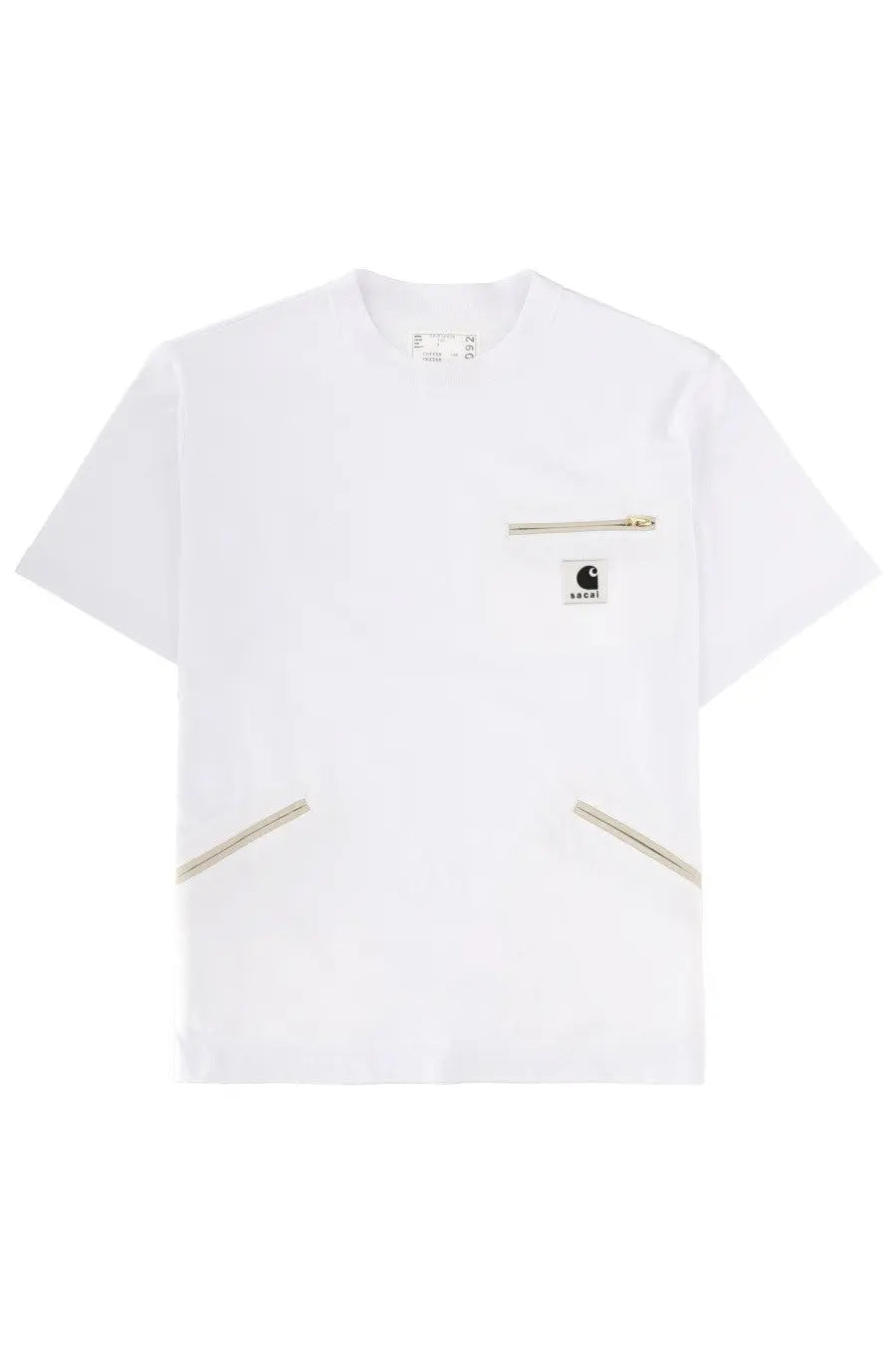 White carhartt wip t-shirt with gold zipper accents and branded chest patch in sacai unisex sacai carhartt wip shirt white