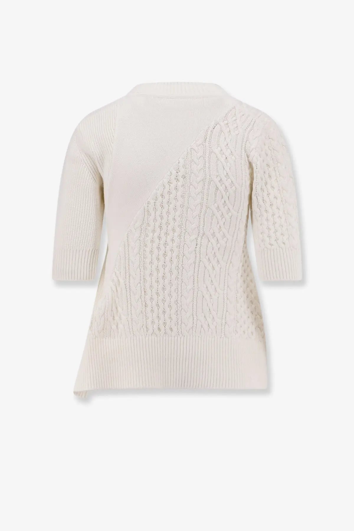 Sacai women’s asymmetrical cream-colored cotton blend sweater with diagonal cable-knit pattern and ribbed sleeves
