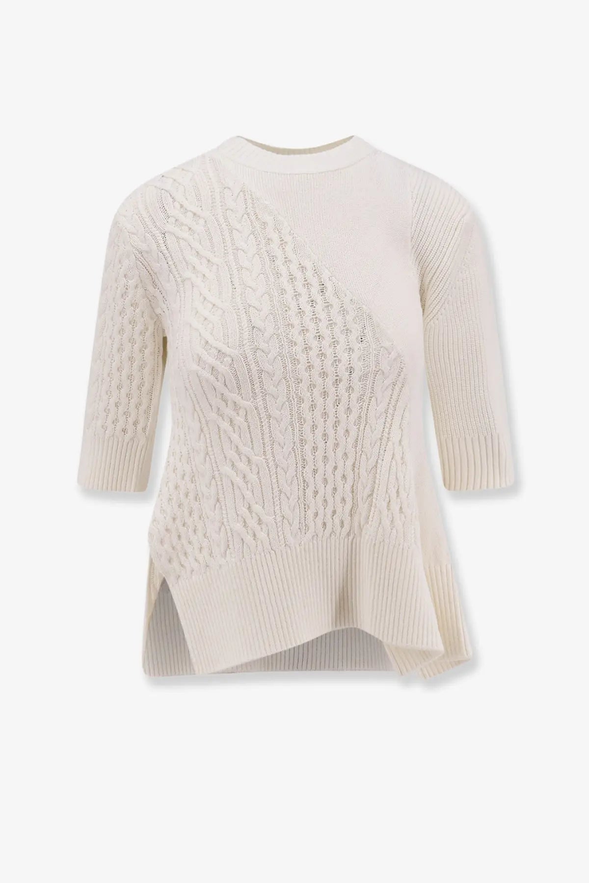 Sacai women’s cream-colored asymmetrical cotton blend sweater with diagonal cable knit and three-quarter sleeves