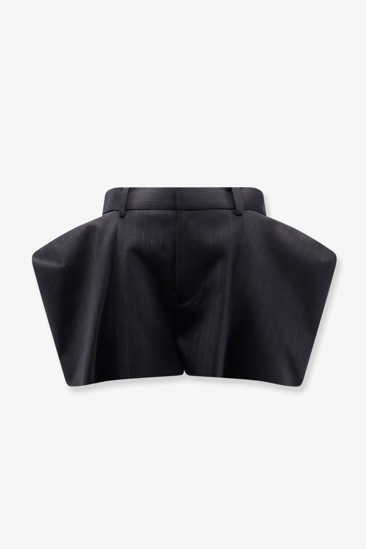 Sacai women’s chalk stripe black shorts with structured waistband and flared legs in pinstripe fabric