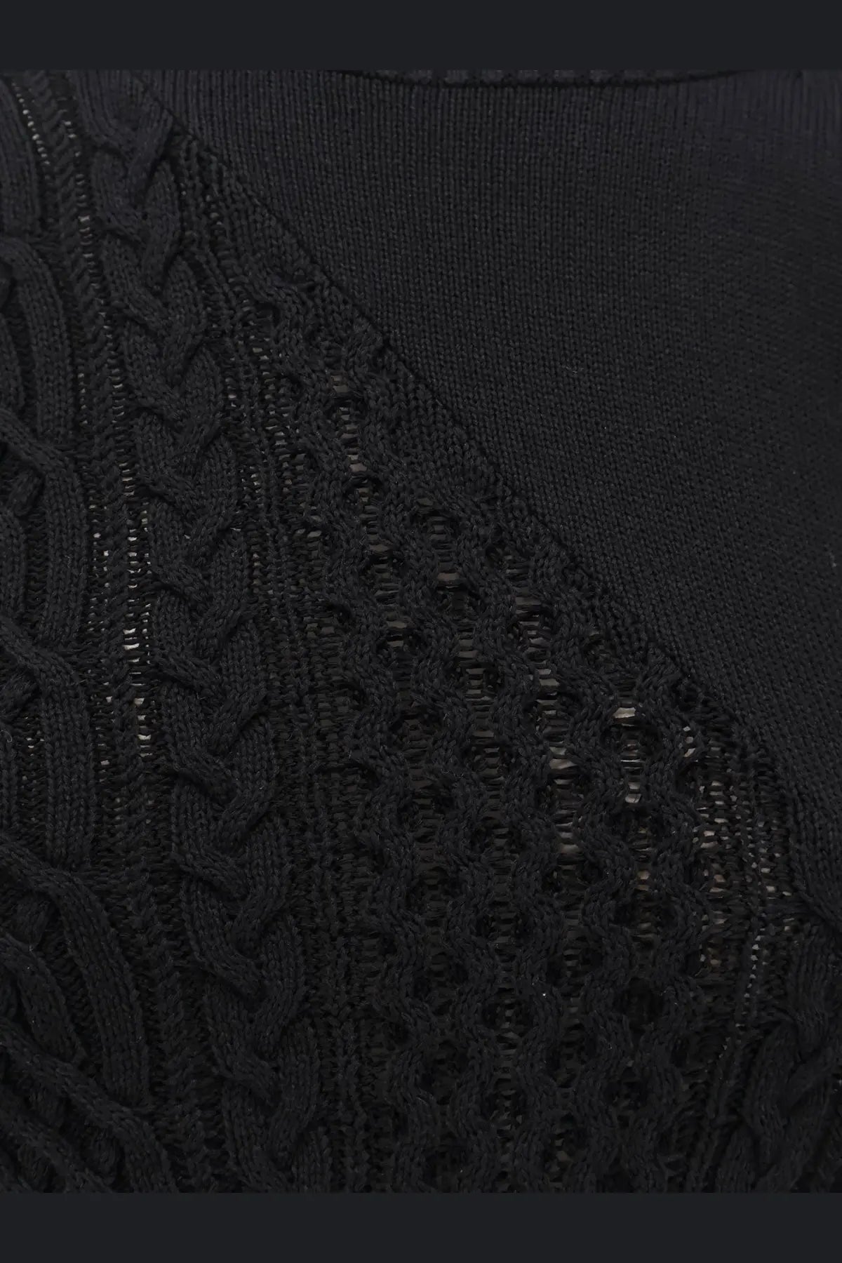 Sacai women’s black cotton blend knit sweater with intricate cable and openwork patterns and asymmetrical design