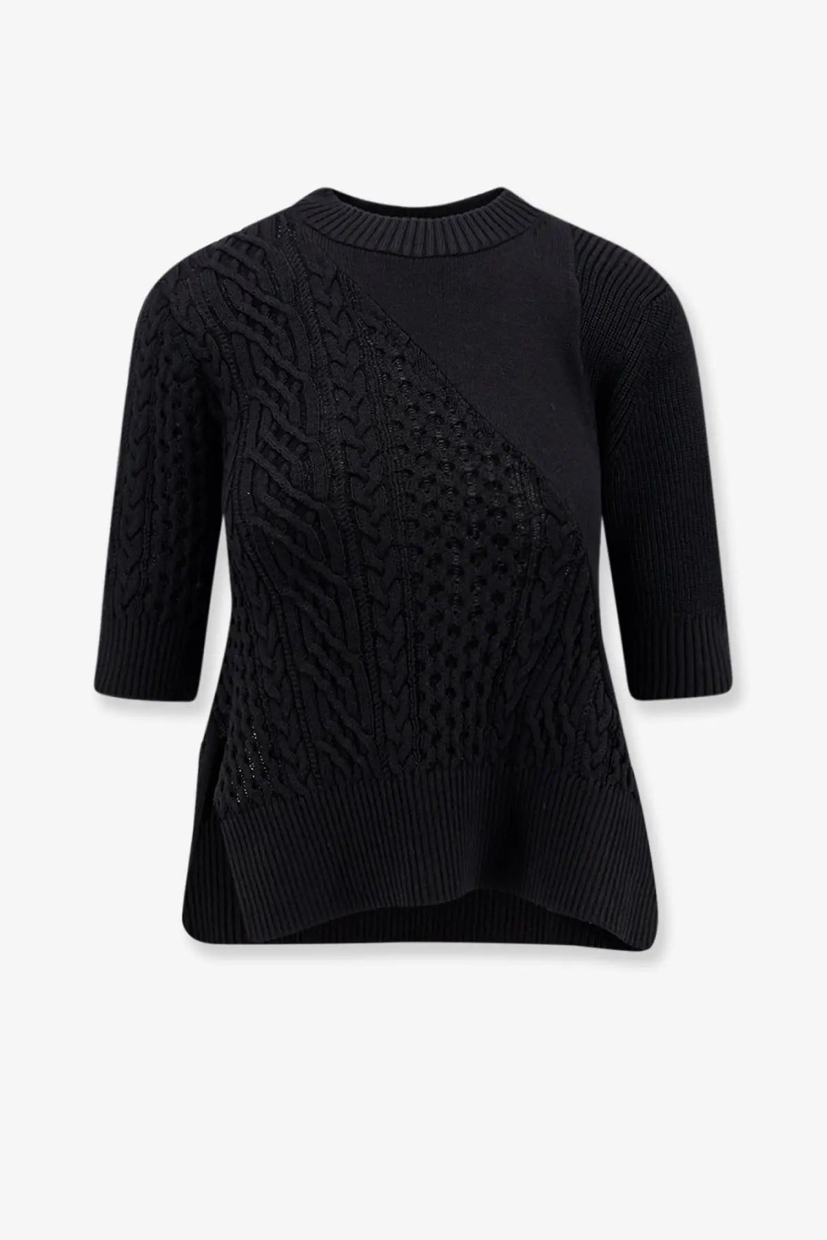 Sacai women’s black cotton blend knit sweater with three quarter sleeves cable knit and openwork mesh front design