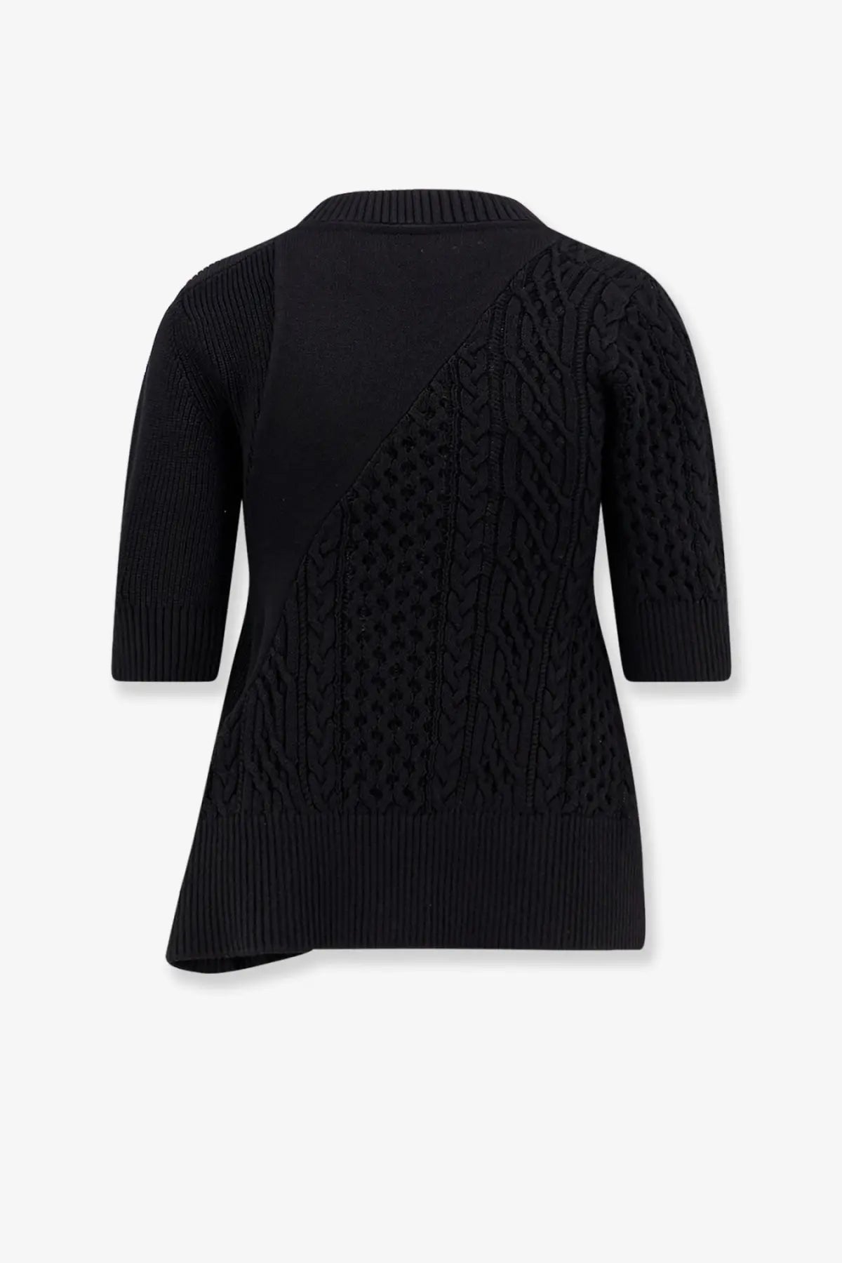 Sacai women’s black cotton blend sweater with asymmetrical diagonal cable knit pattern and ribbed cuffs