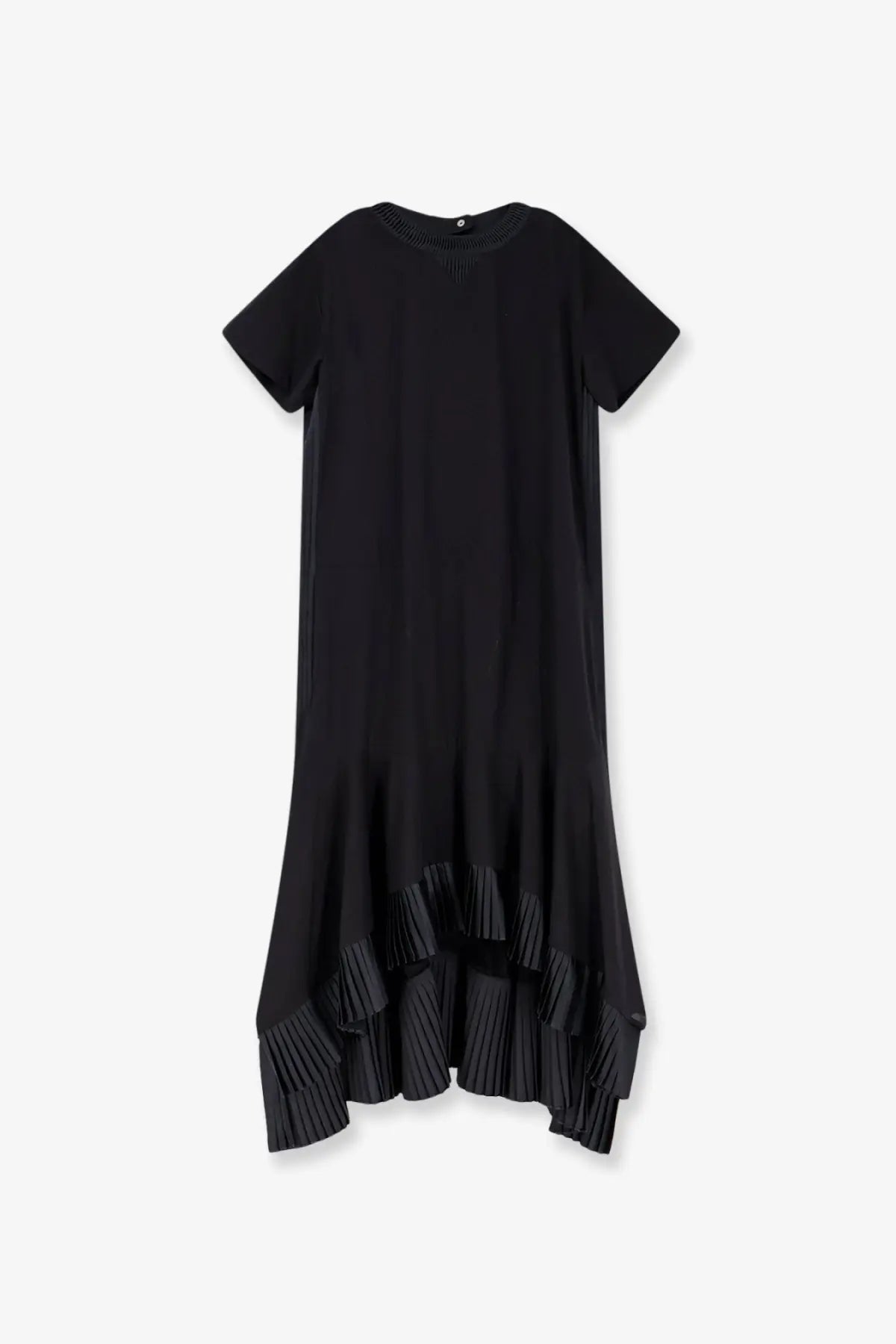 Sacai women’s black cotton short-sleeved dress with pleated asymmetrical hem front view