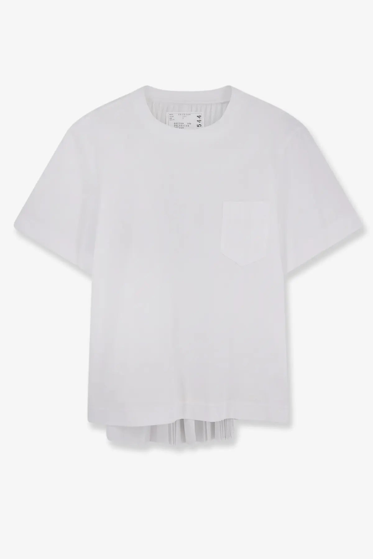 Sacai women’s white cotton and polyester short-sleeved t-shirt with subtle pleated hem and single chest pocket