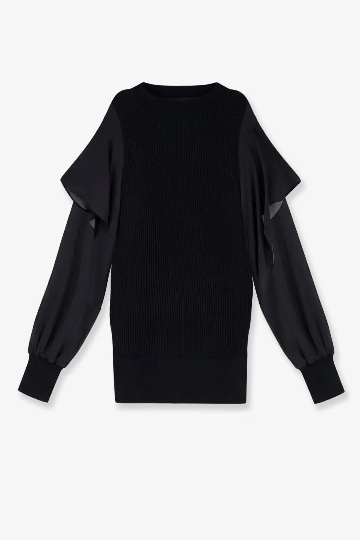 Sacai women’s black cotton ribbed knit sweater with sheer ruffled sleeves for stylish layering