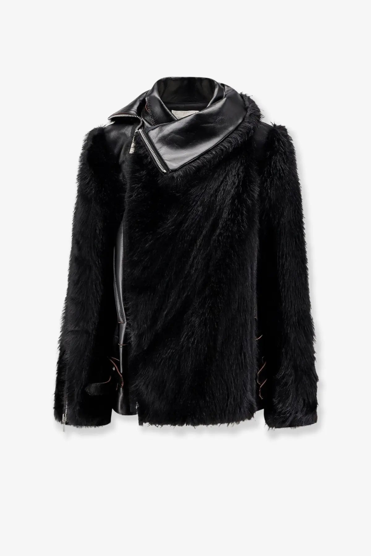 Sacai women’s leather jacket black with black faux fur moto style, leather collar, and zipper details