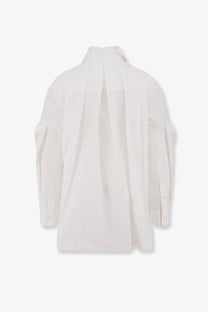 Sacai women’s oversize white blouse with long sleeves and distinctive draped back shown from the back side