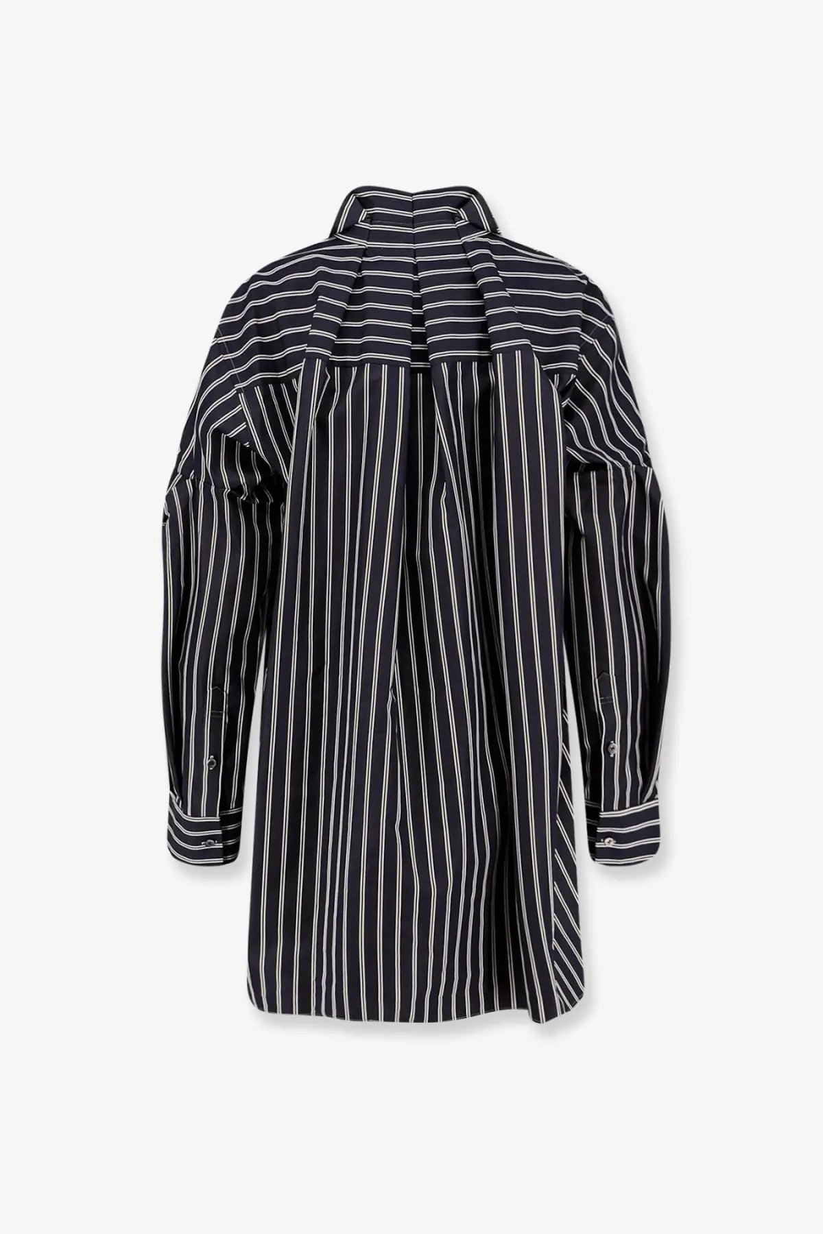 Sacai women’s oversize black and white vertically striped long-sleeved shirt with structured collar and pleated back shown from back