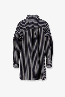 Sacai women’s oversize black and white vertically striped long-sleeved shirt with structured collar and pleated back shown from back