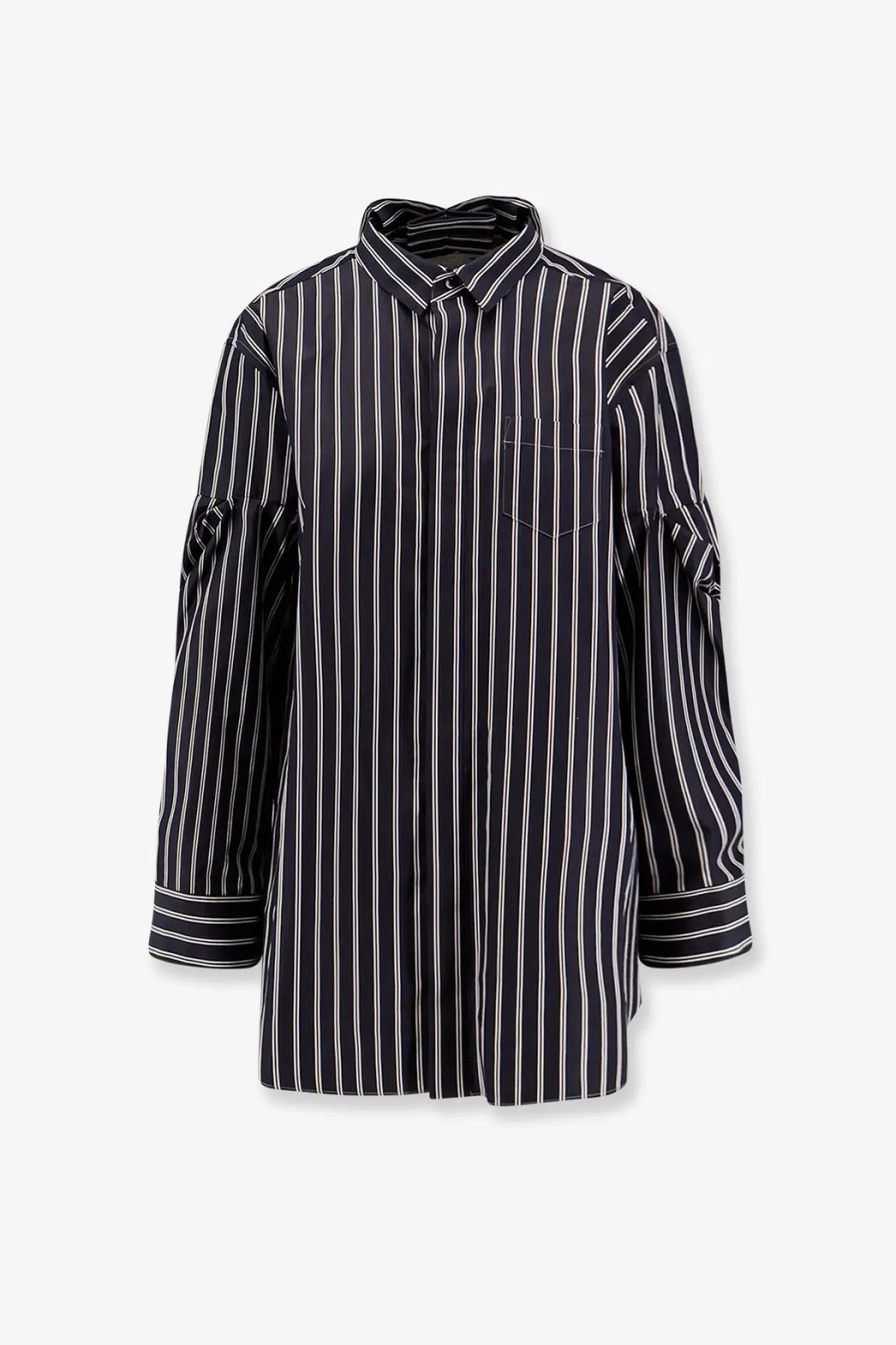 Sacai women’s oversize striped shirt in black and white cotton with long sleeves chest pocket and rolled cuffs