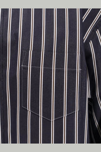 Sacai women’s oversize striped shirt in navy blue and white with vertical stripes and a neatly stitched pocket