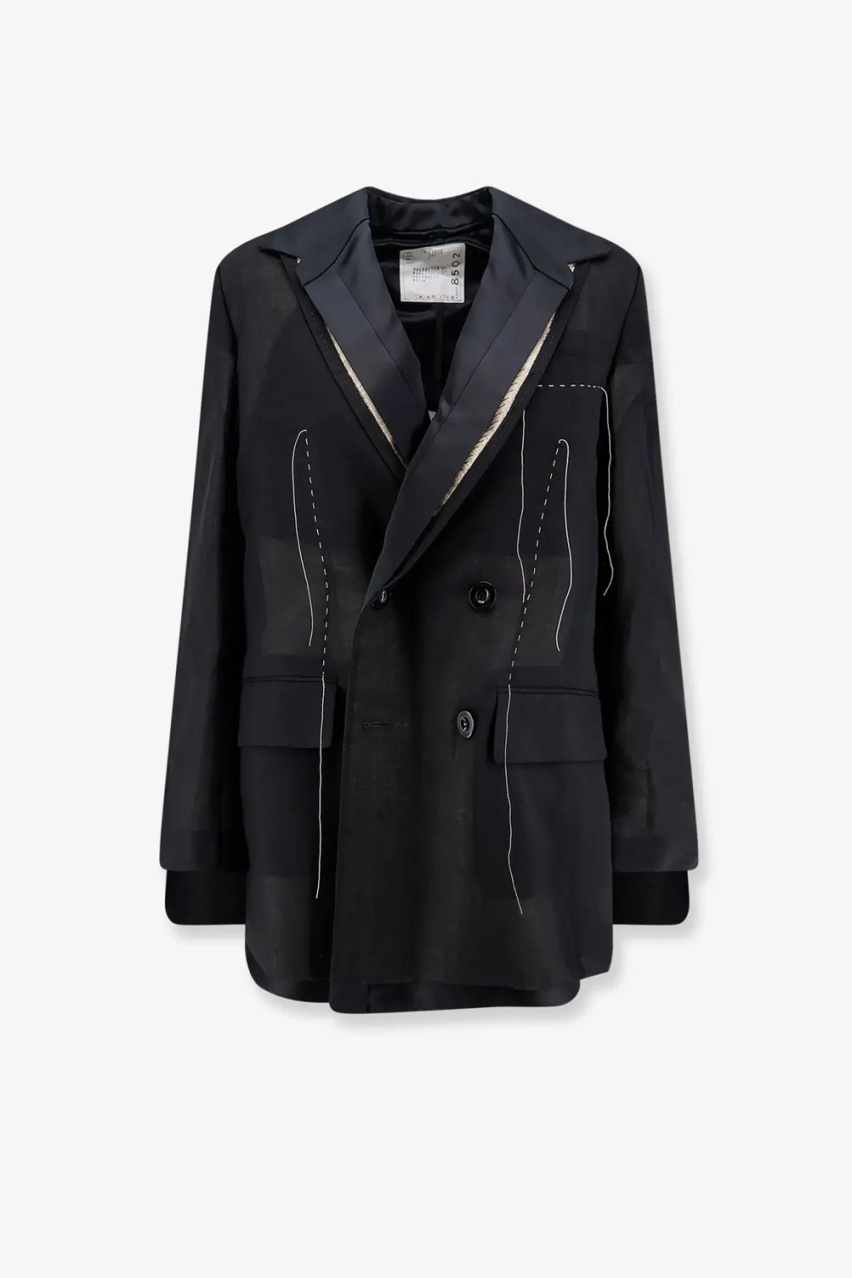 Sacai women’s black double-breasted blazer with white stitching in silk and organza with a sleek modern design