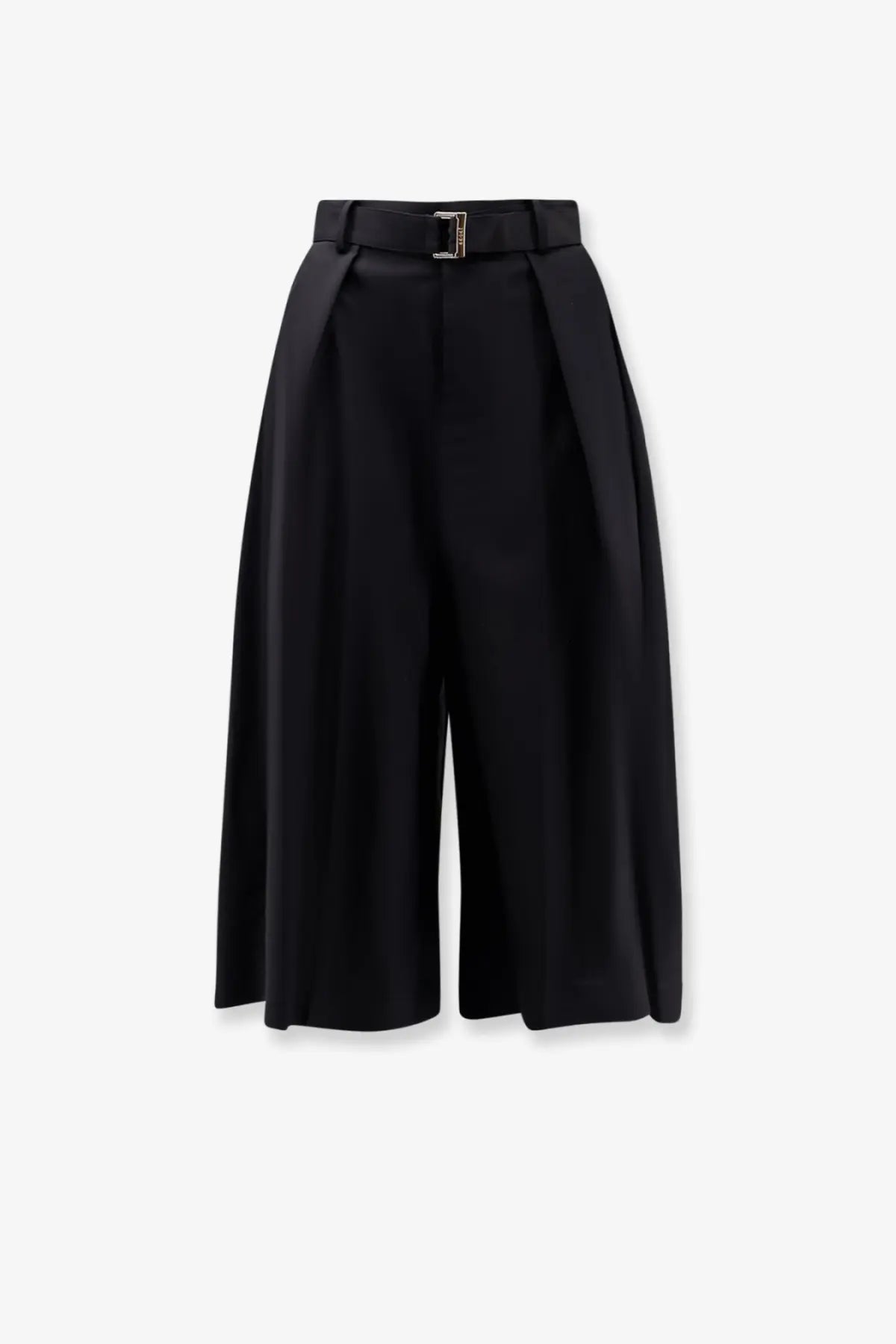 Sacai women’s black wool blend high-waisted wide-leg trousers with matching belt and silver-toned buckle
