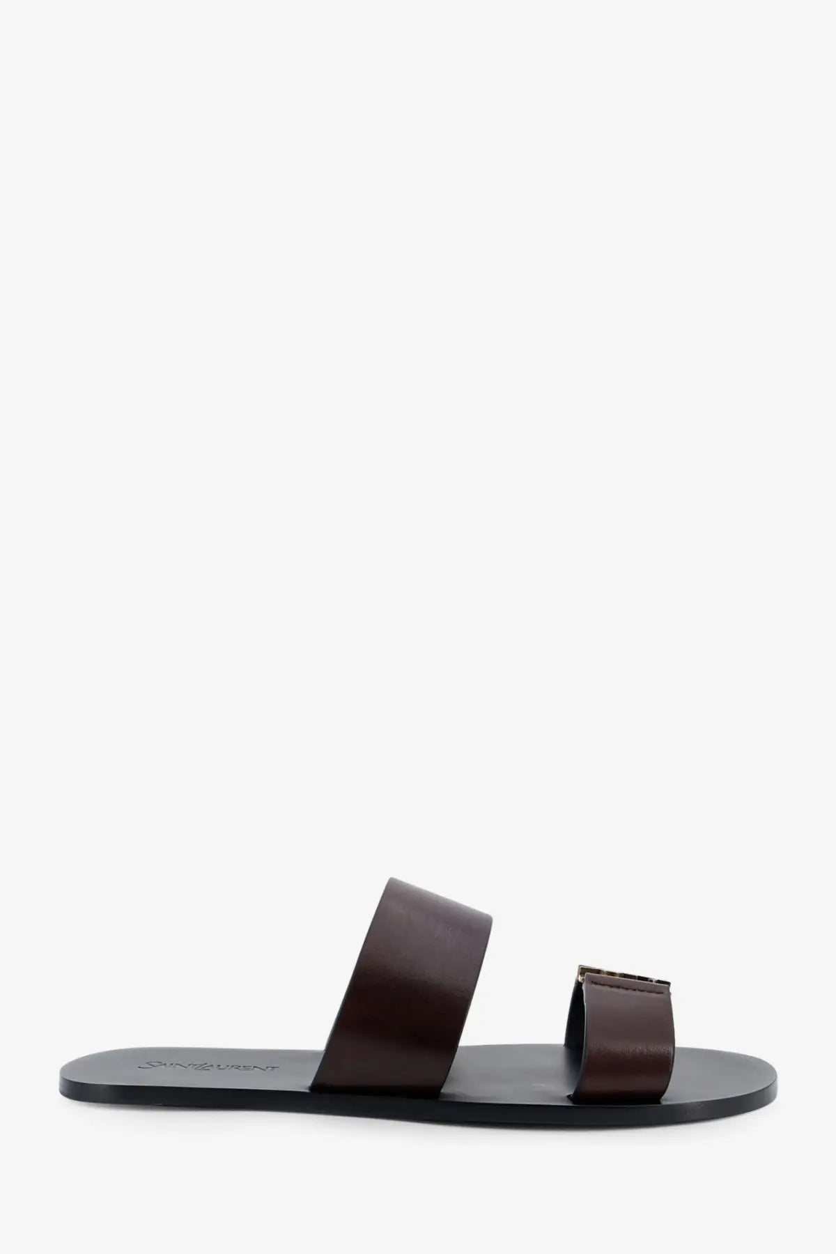Saint Laurent men’s babylone leather sandals brown with dark brown leather slide and black rubber sole minimalist design