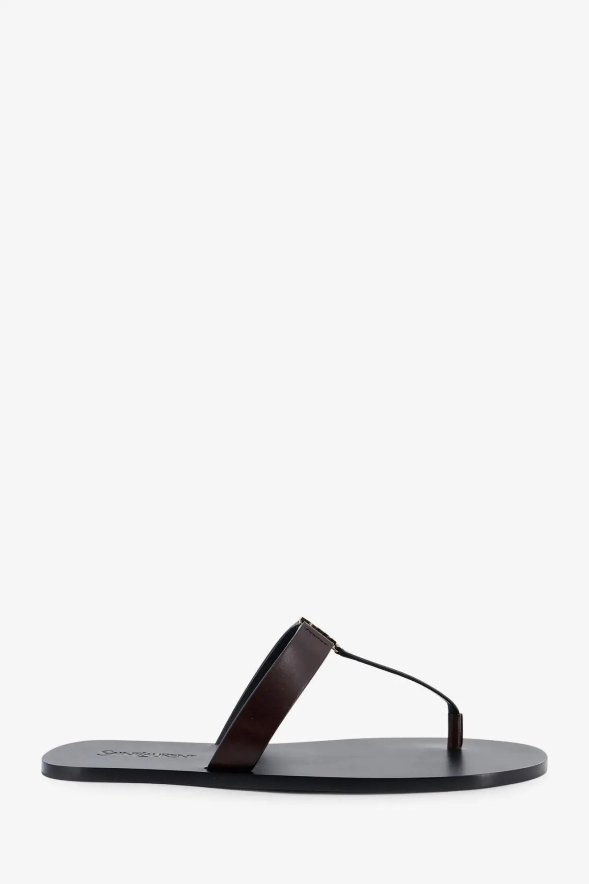 Saint Laurent men’s babylone dark brown leather thong sandal with minimalist design and black sole front view