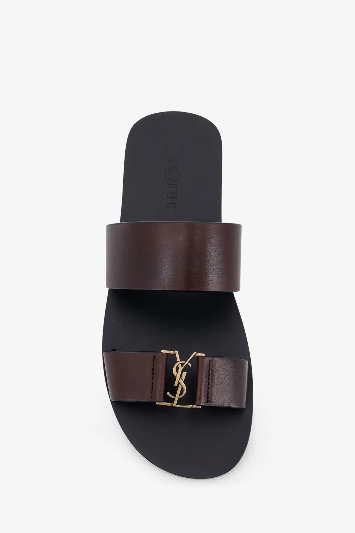Saint Laurent men’s brown leather slide sandal with gold-tone YSL logo buckle front view