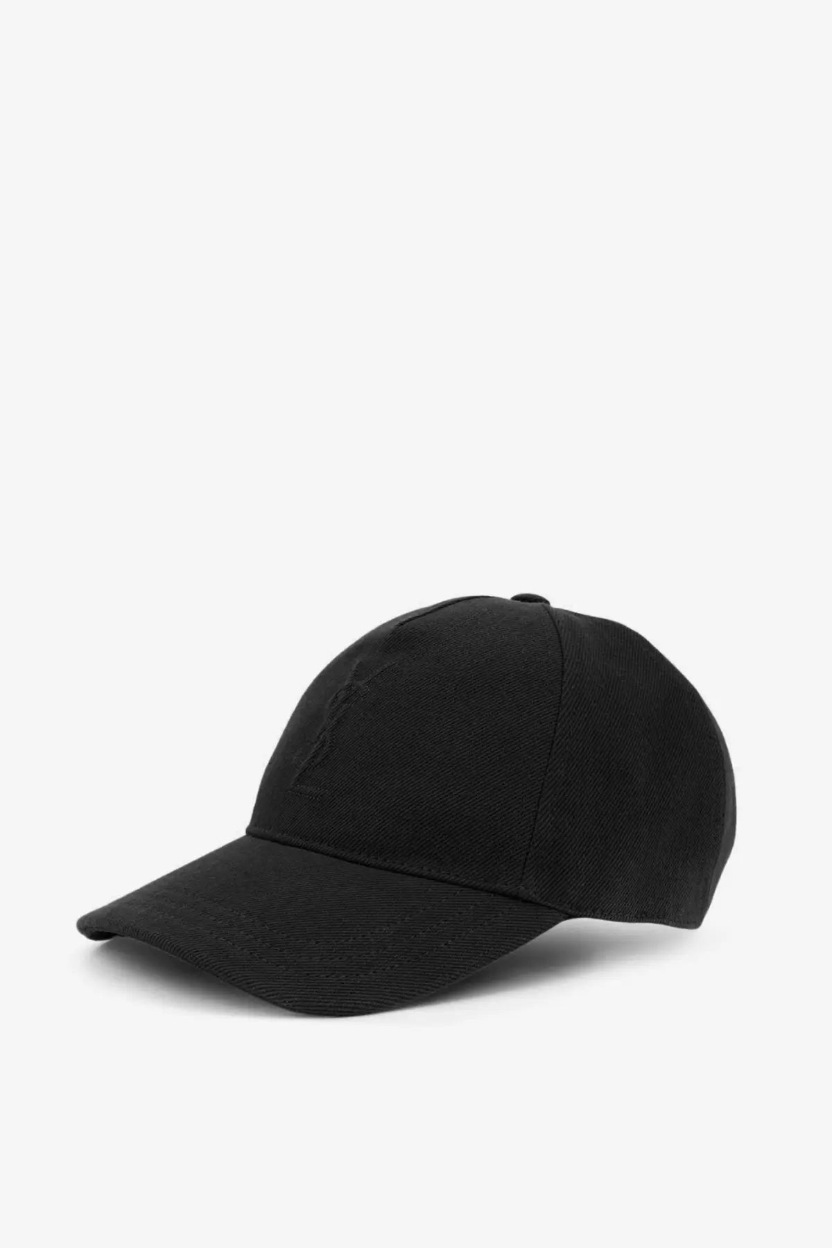 Saint Laurent men’s black denim baseball cap with a subtle embroidered logo on the front