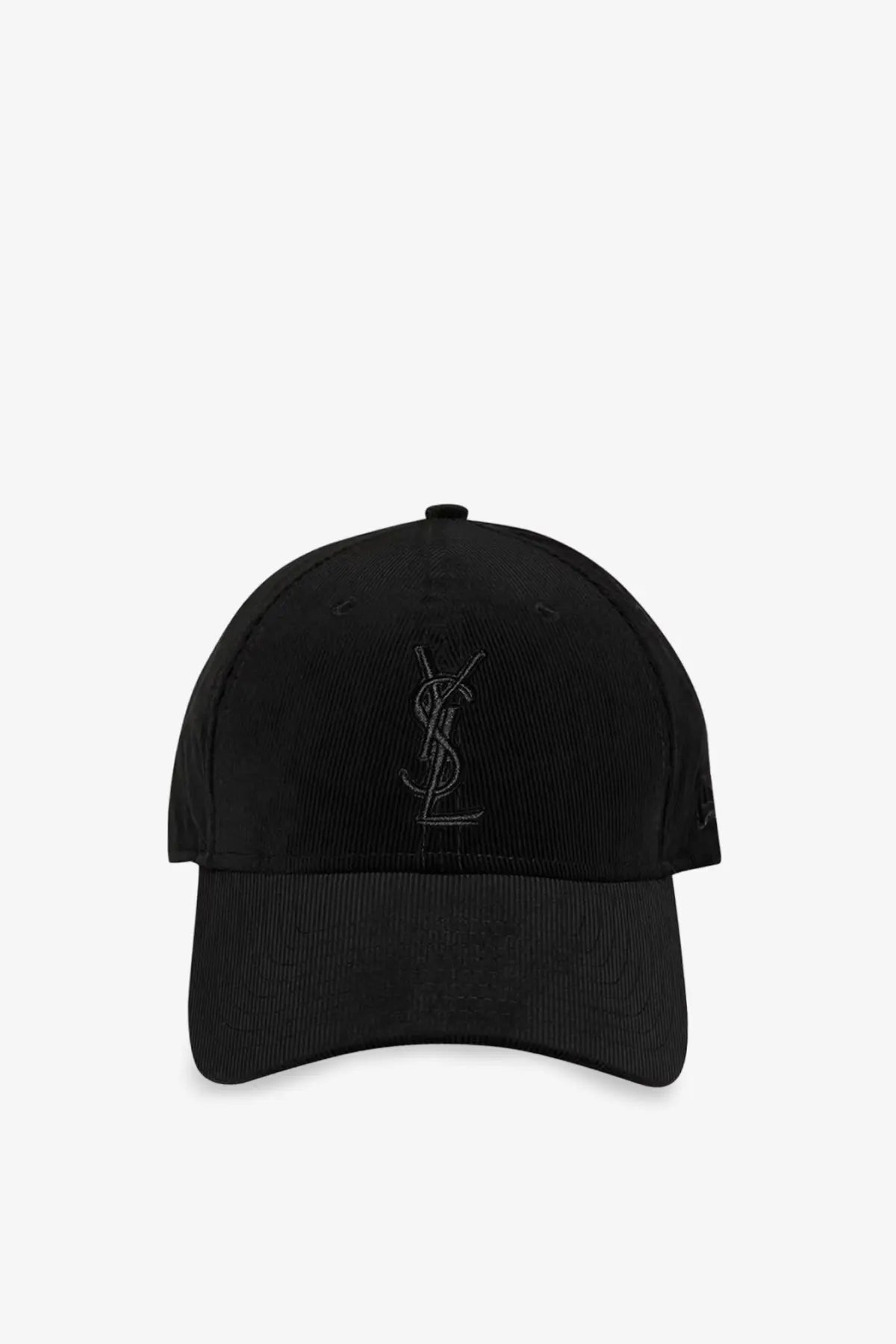 Saint Laurent men’s black corduroy baseball cap with subtle embroidered YSL logo on the front