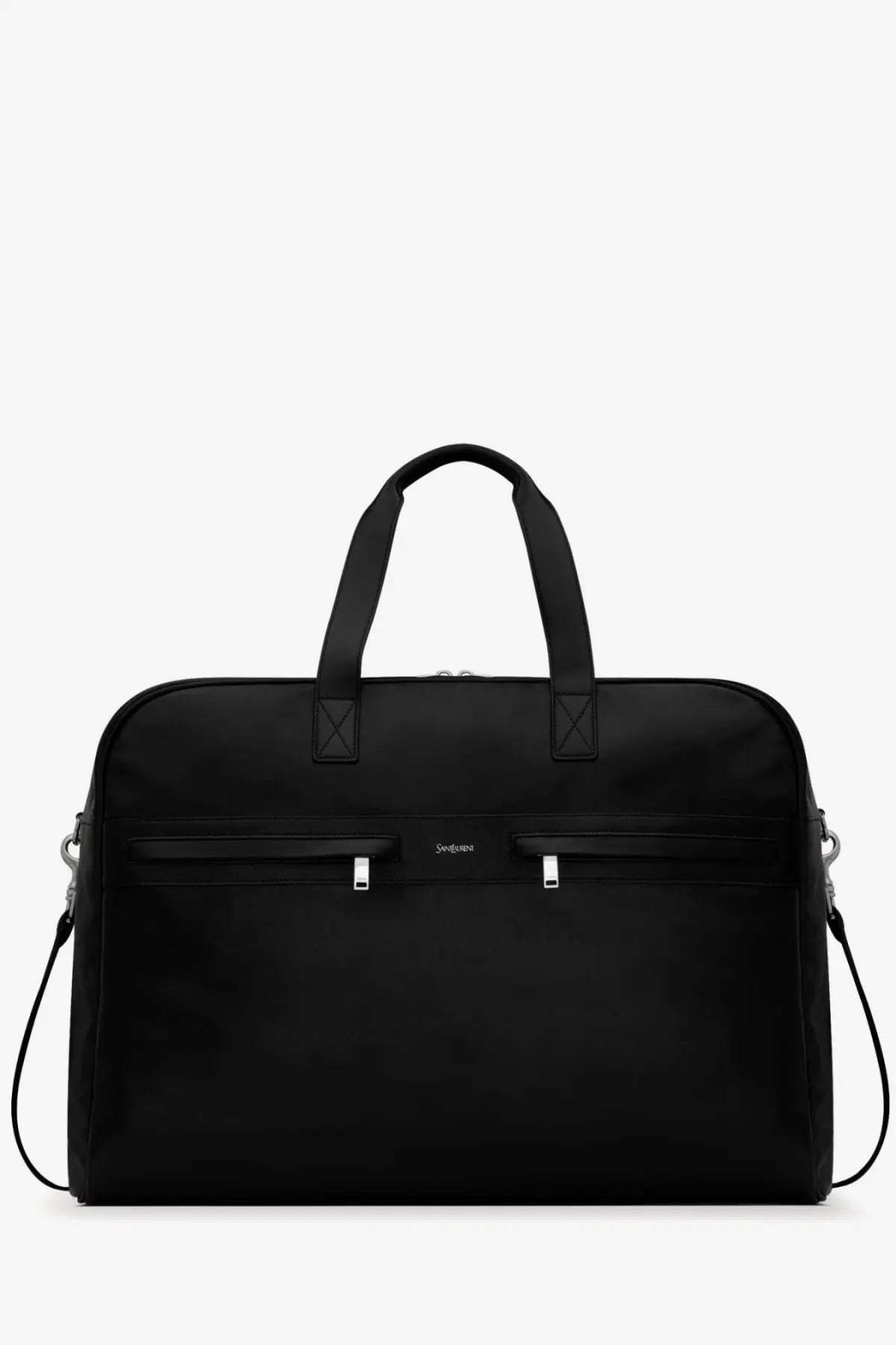Saint Laurent men’s camp leather travel bag black with sleek durable fabric and silver toned hardware accents