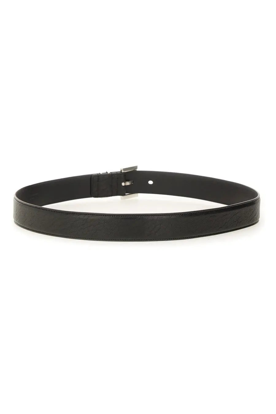 Saint Laurent men’s Cassandras belt black featuring a black leather strap with a minimalist silver-toned buckle