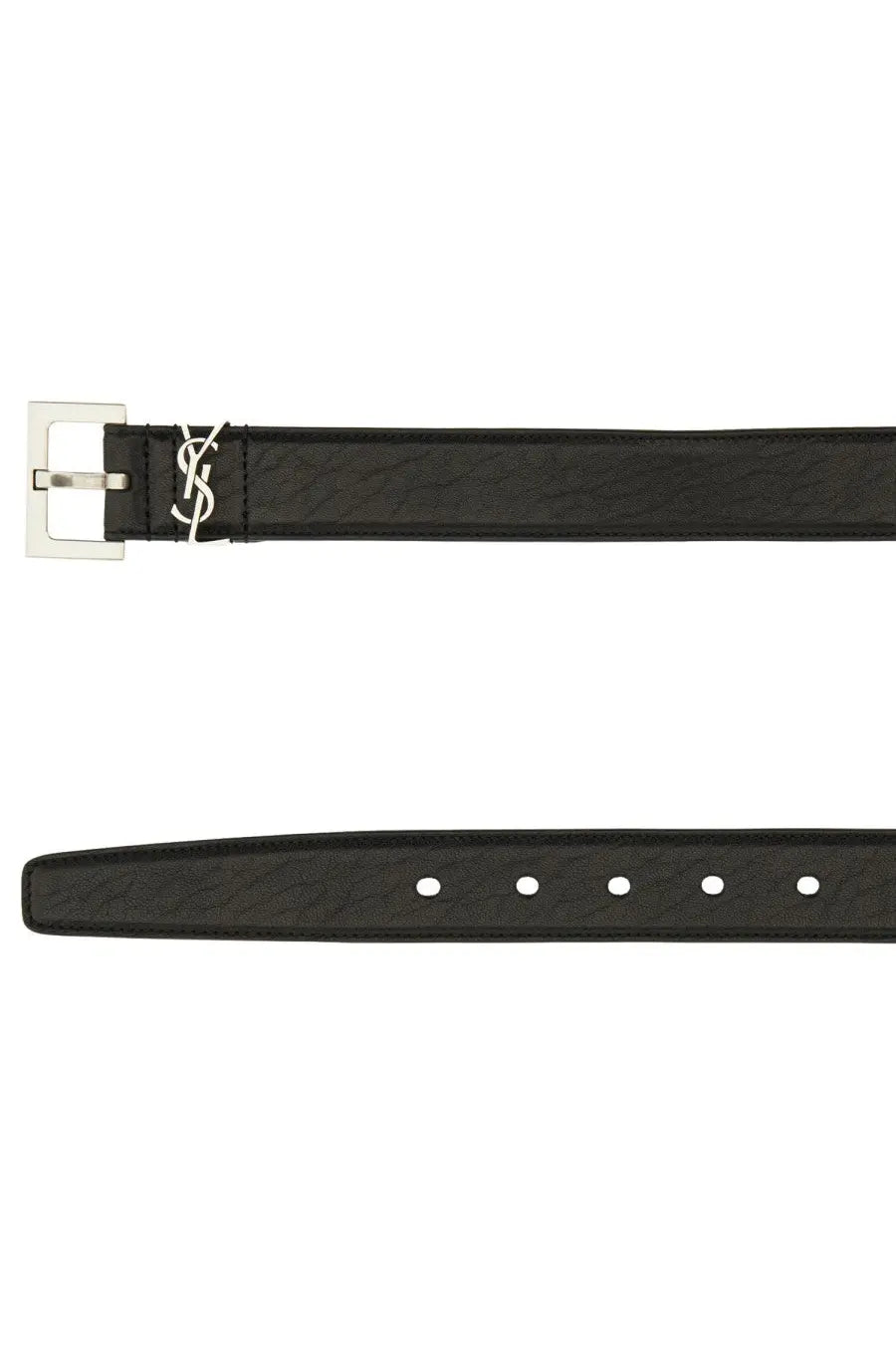 Saint Laurent men’s cassandras belt black leather with silver-tone YSL buckle and embossed texture