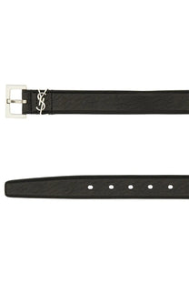 Saint Laurent men’s cassandras belt black leather with silver-tone YSL buckle and embossed texture