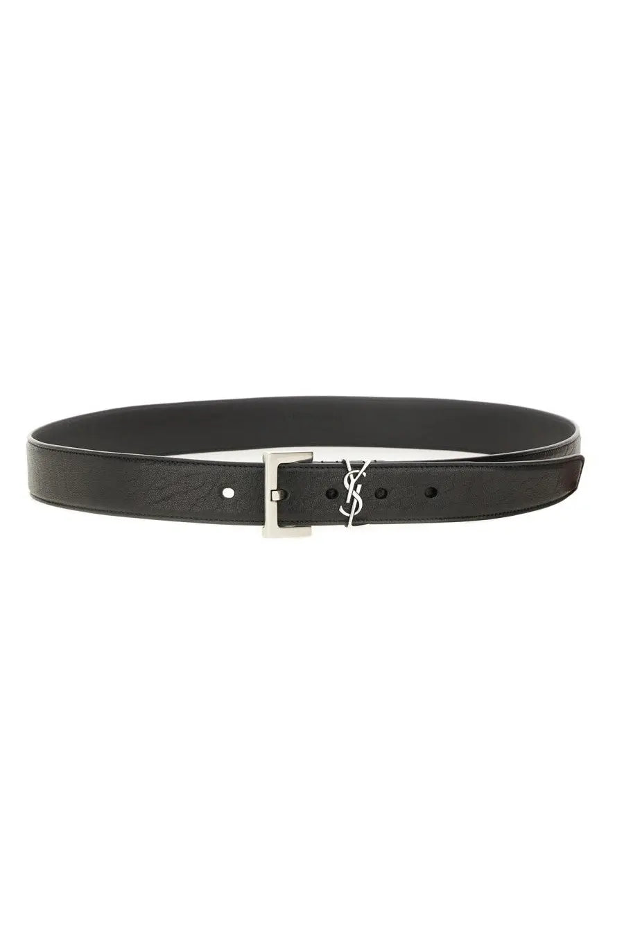 Saint Laurent men’s cassandras belt black leather with a silver-tone ysl buckle for stylish wear