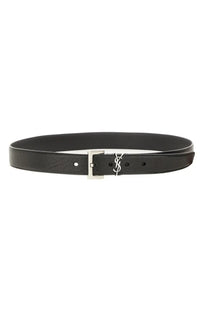 Saint Laurent men’s cassandras belt black leather with a silver-tone ysl buckle for stylish wear