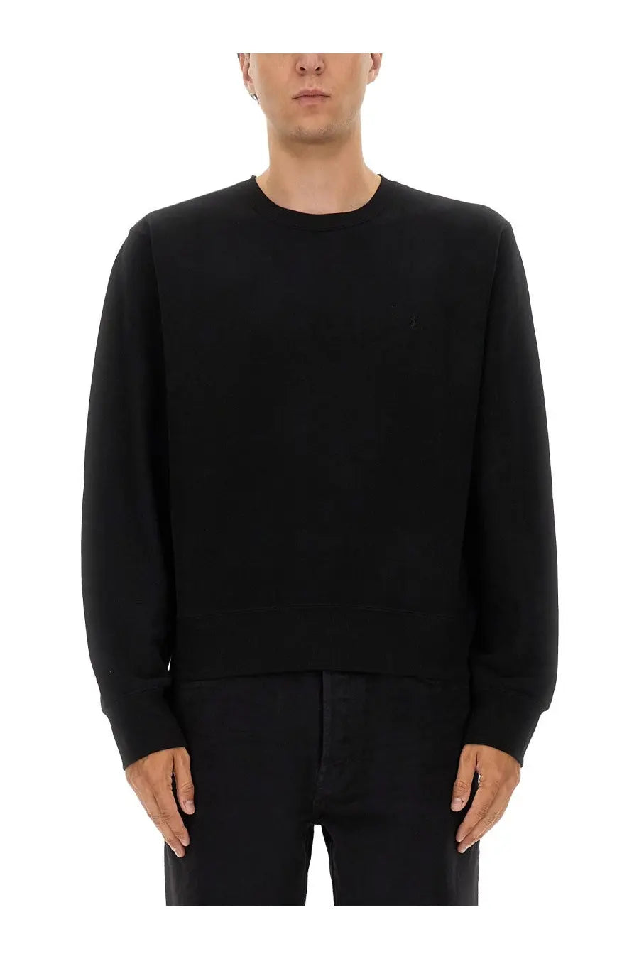 Saint Laurent men’s Cassandras sweatshirt black crewneck with soft textured knit fabric and subtle ribbed cuffs