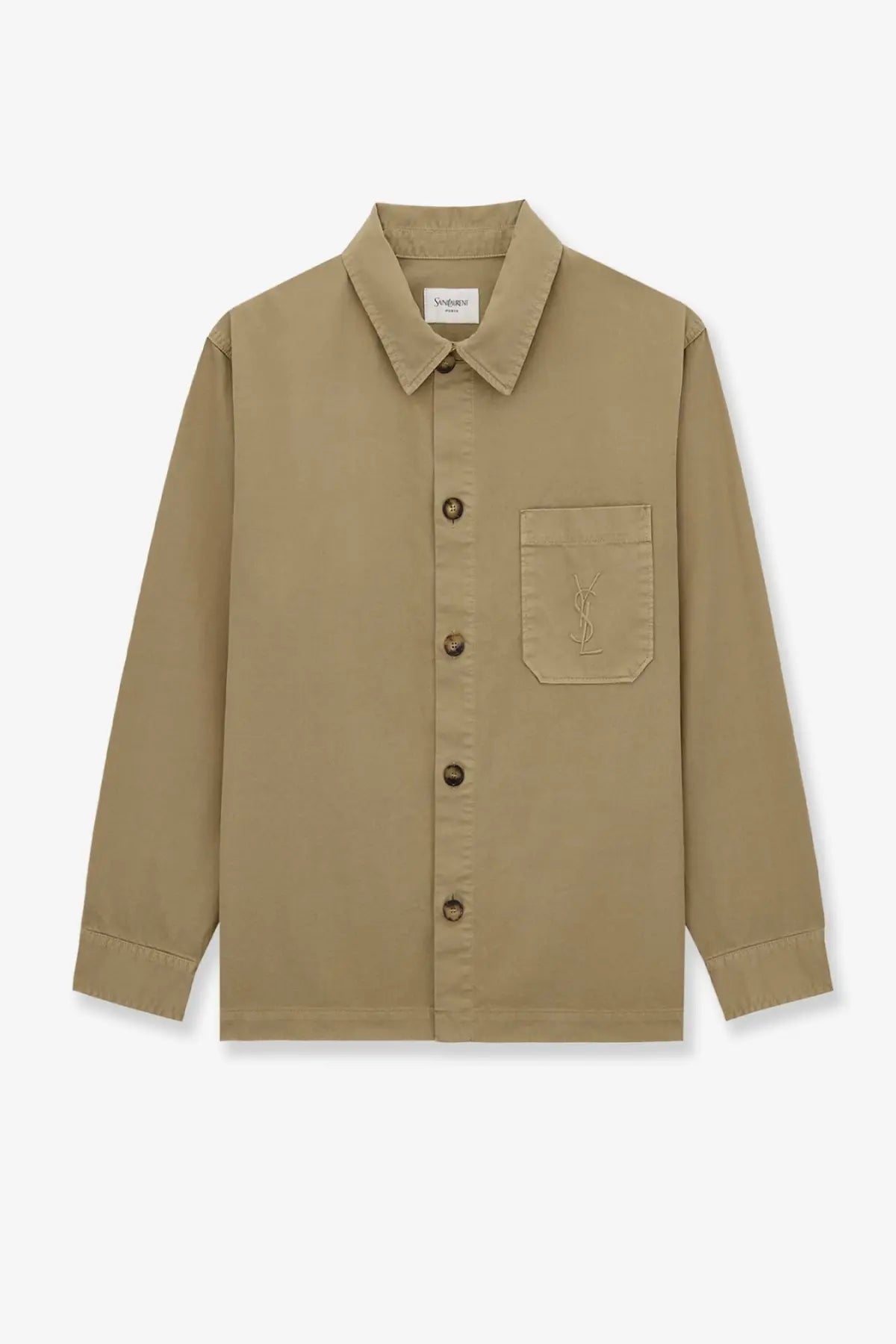 Beige yves saint laurent men’s cassandre certified cotton overshirt with button-up front and embroidered chest pocket logo