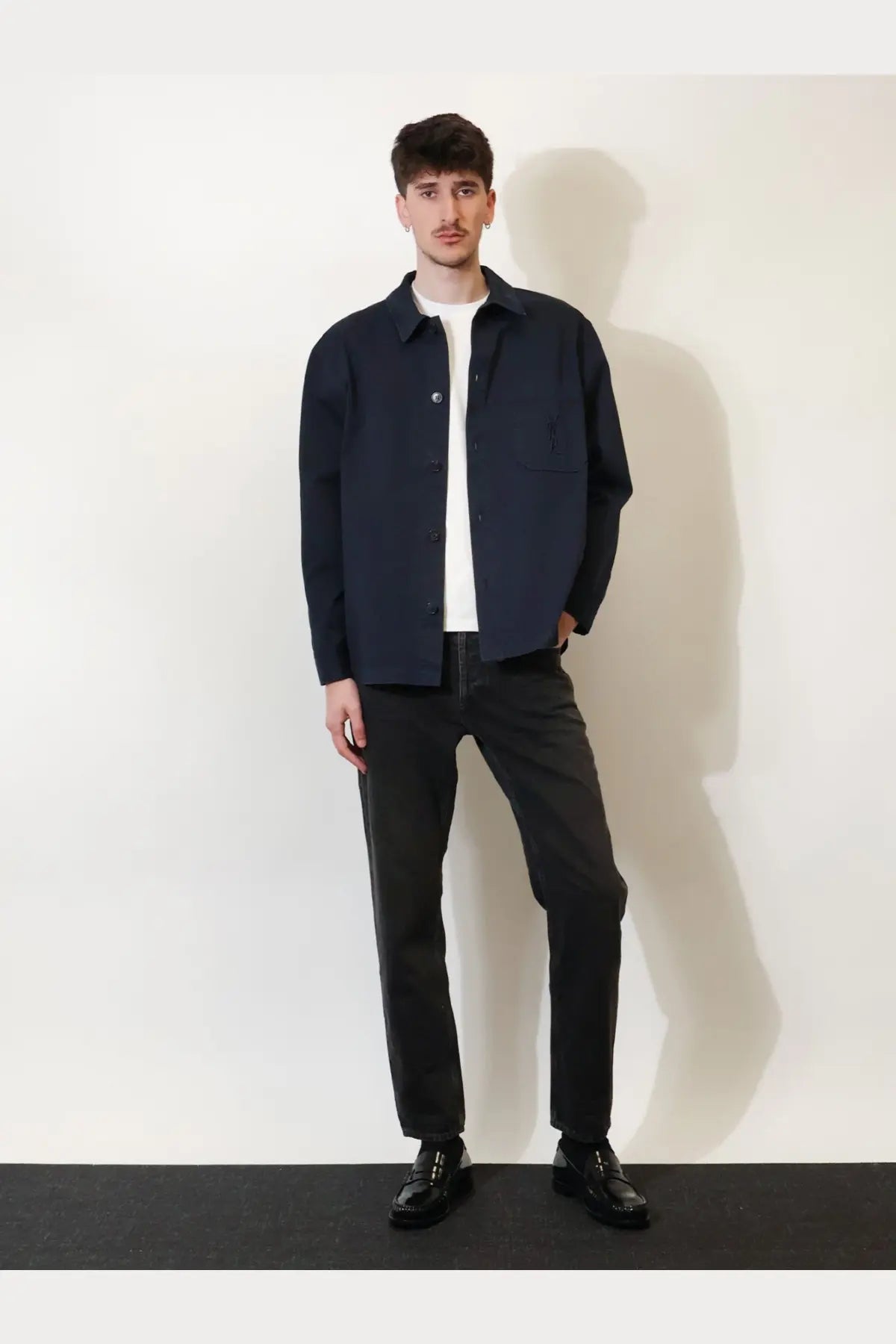 Saint Laurent men’s cassandre navy blue cotton overshirt with classic collar and two chest pockets