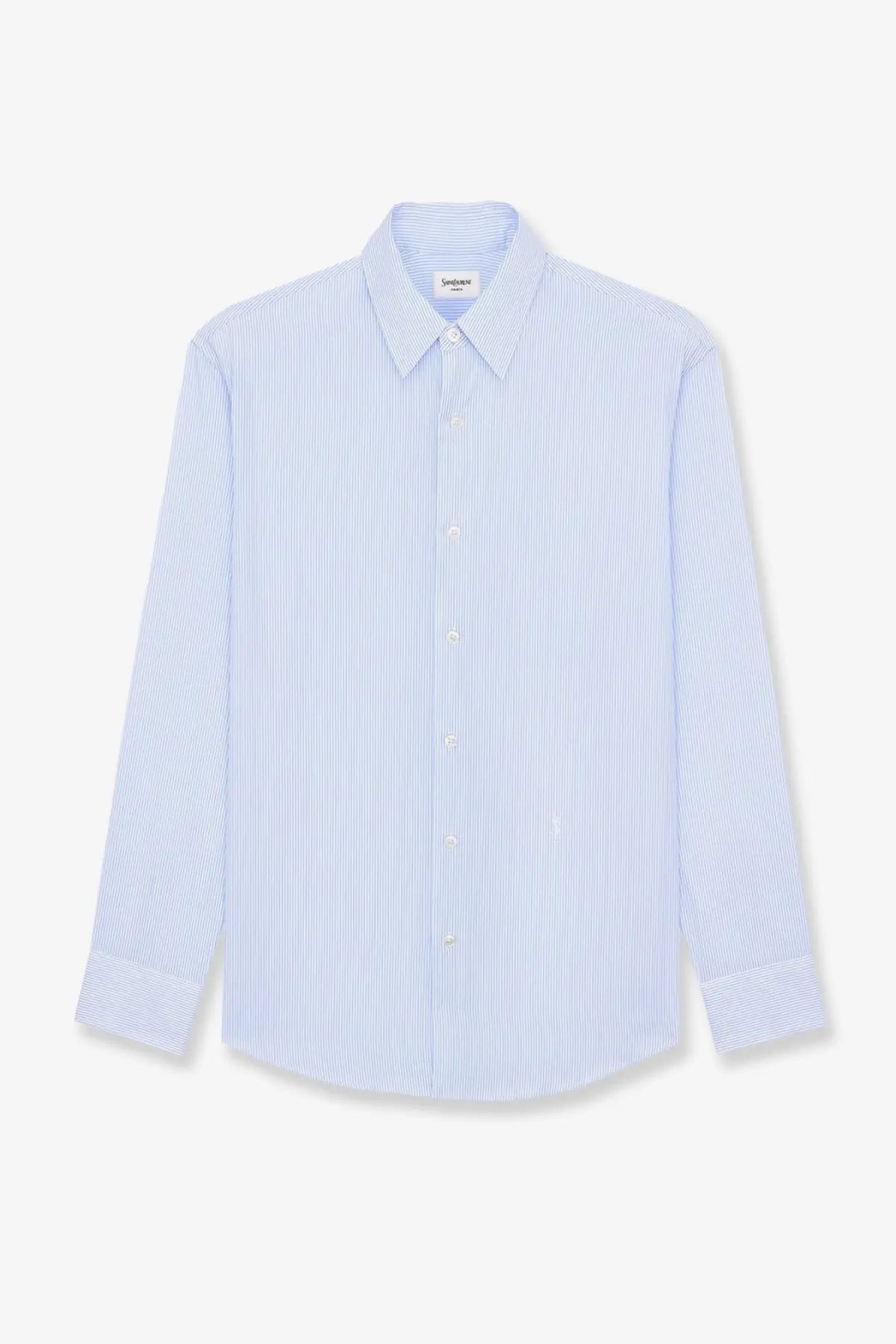 Saint Laurent men’s cassandre cotton shirt in white with light blue and white vertical stripes and classic collar