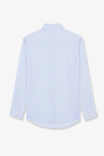 Saint Laurent men’s Cassandre cotton shirt with light blue and white vertical stripes and a classic collar