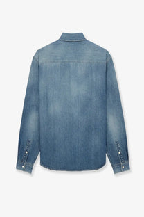 Saint Laurent men’s cassandre horizon blue long-sleeved denim shirt with collar and buttoned cuffs