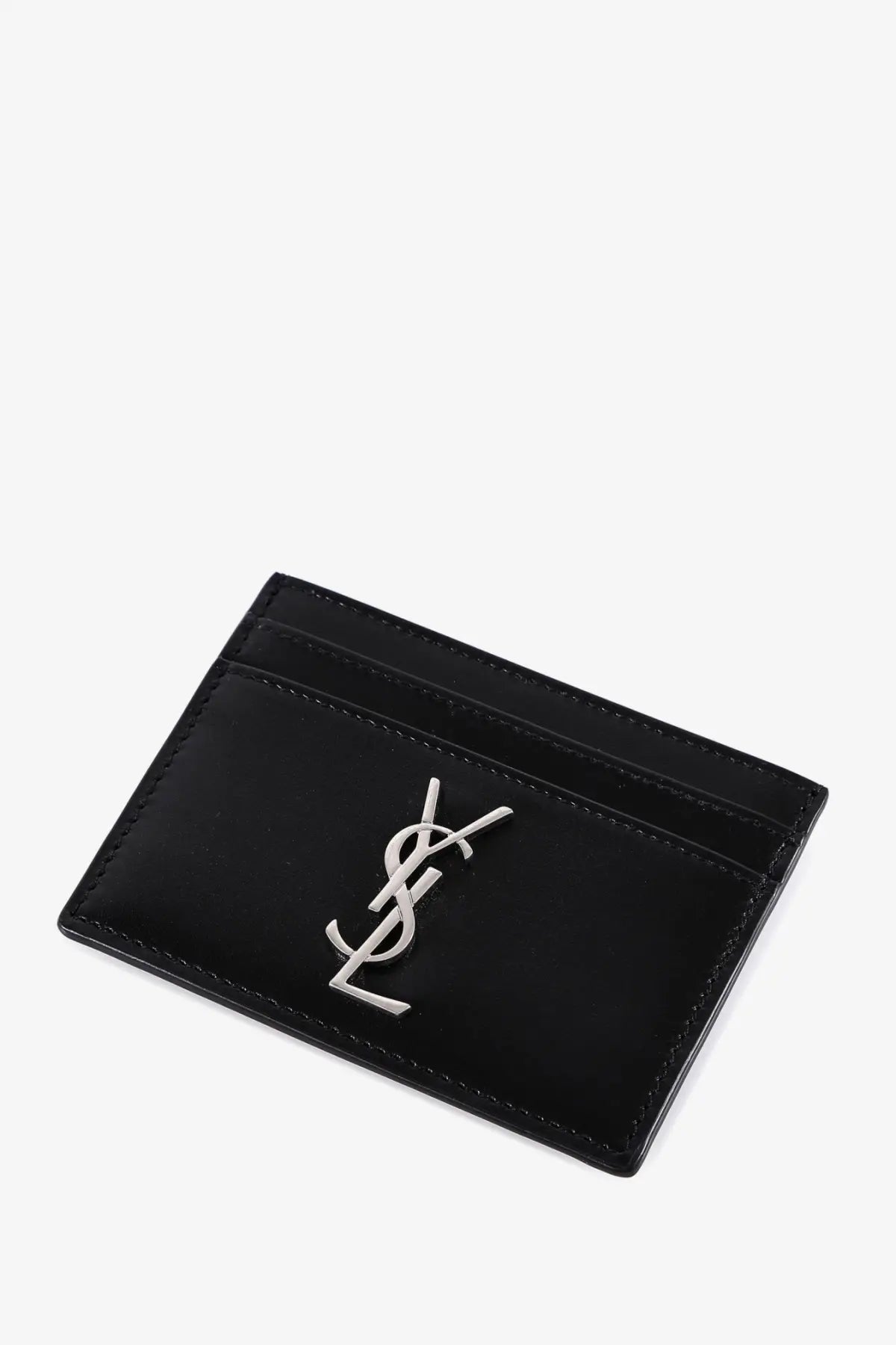 Black patent leather card holder with silver-tone ysl logo emblem by Saint Laurent men’s cassandre collection