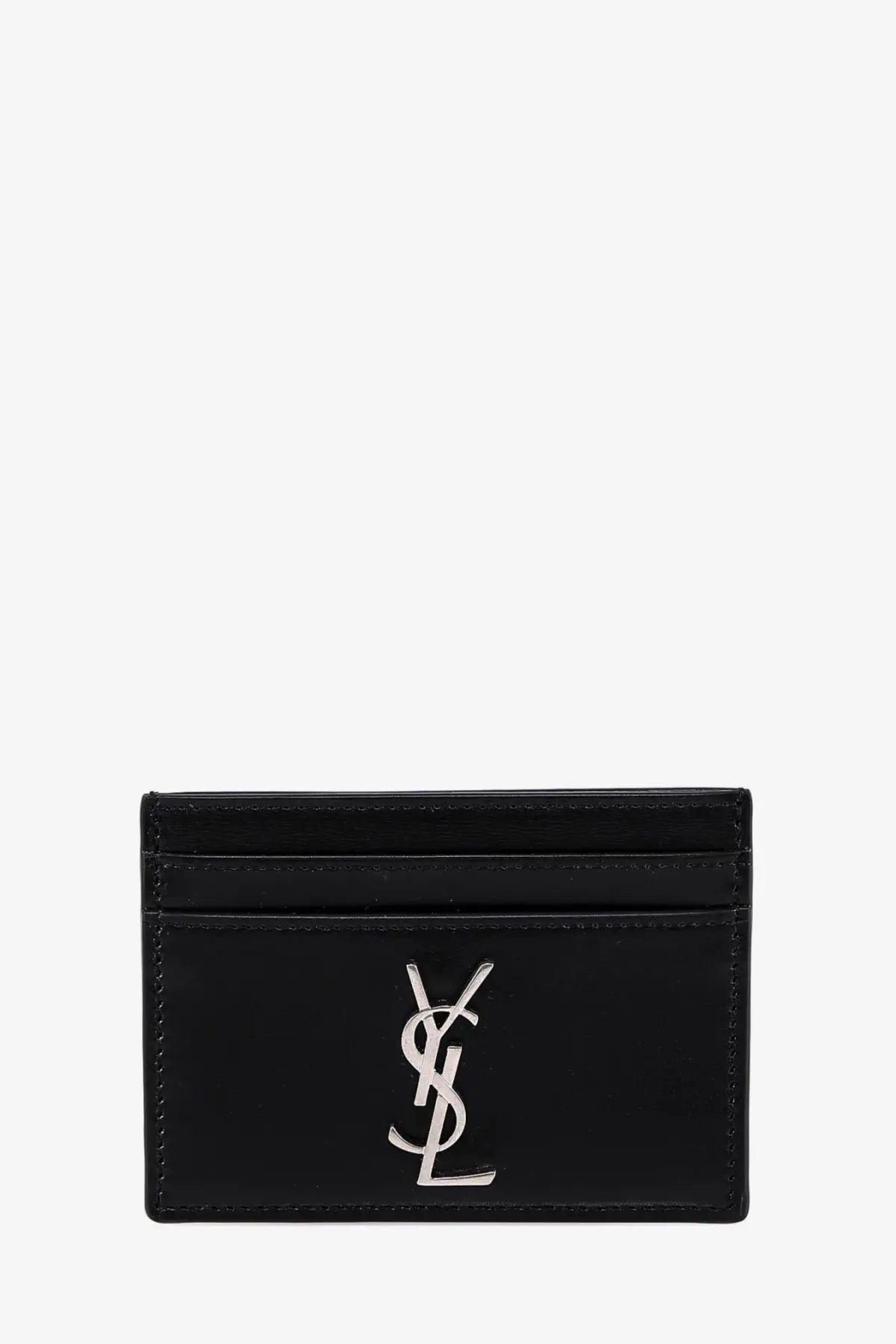 Saint Laurent men’s cassandre black leather card holder with shiny silver ysl logo on the front