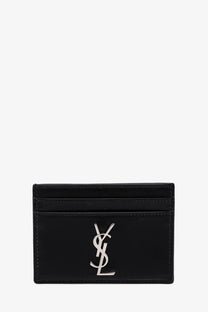 Saint Laurent men’s cassandre black leather card holder with shiny silver ysl logo on the front