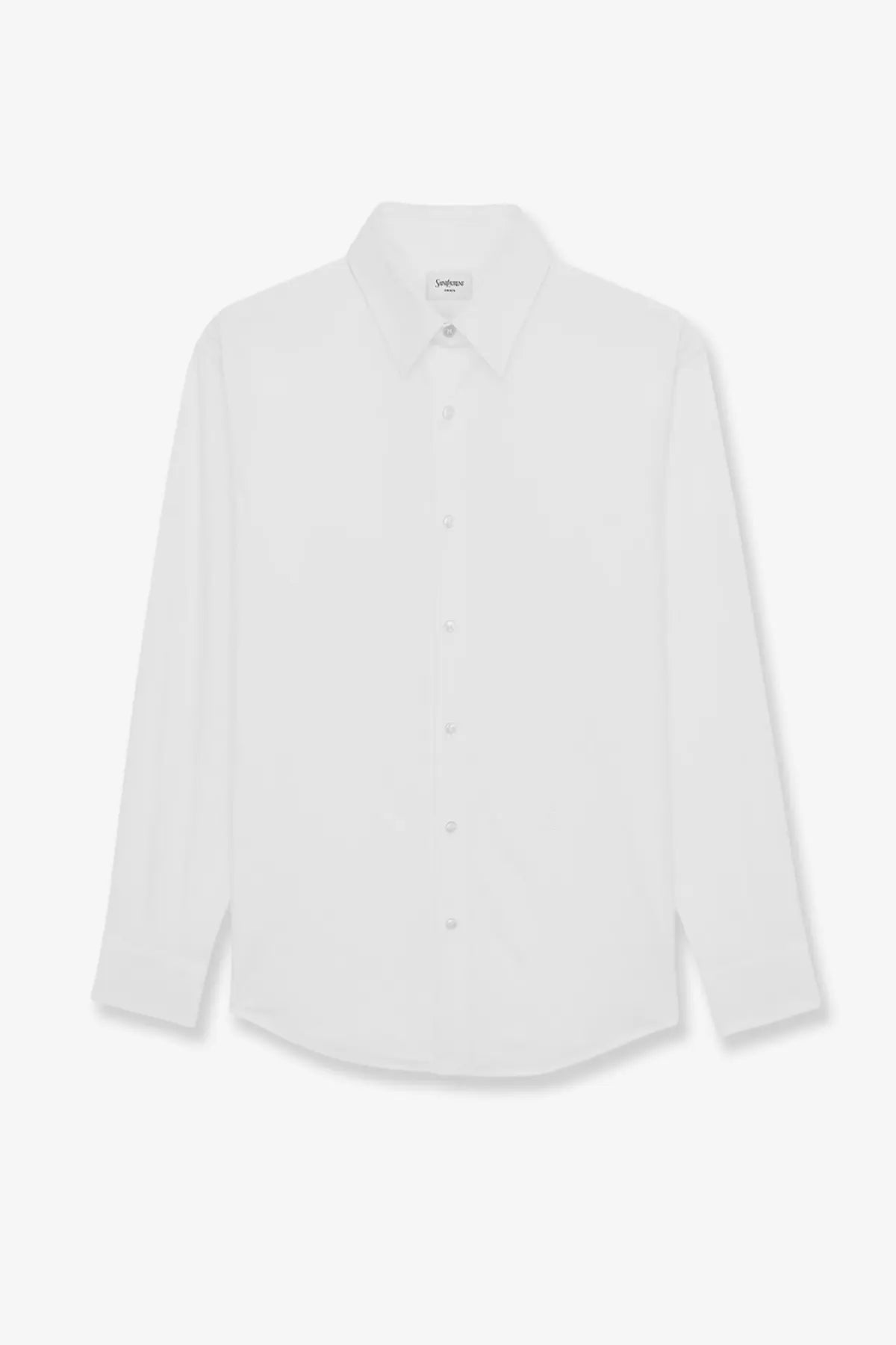 Saint Laurent men’s Cassandre stretch cotton shirt in crisp white with classic collar and subtle texture