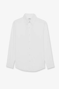Saint Laurent men’s Cassandre stretch cotton shirt in crisp white with classic collar and subtle texture