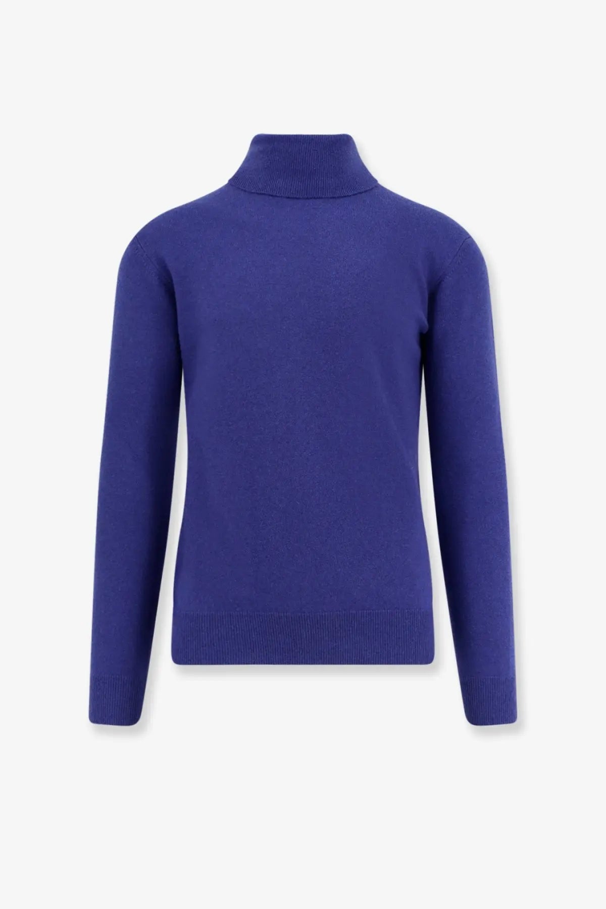 Saint Laurent men’s certified cashmere turtleneck sweater in rich royal blue with smooth knit texture and ribbed cuffs hem and collar