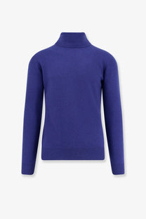 Saint Laurent men’s certified cashmere turtleneck sweater in rich royal blue with smooth knit texture and ribbed cuffs hem and collar