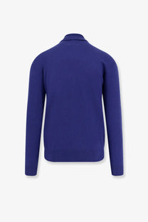 Royal blue Saint Laurent men’s cashmere knit cardigan with classic collar and ribbed cuffs