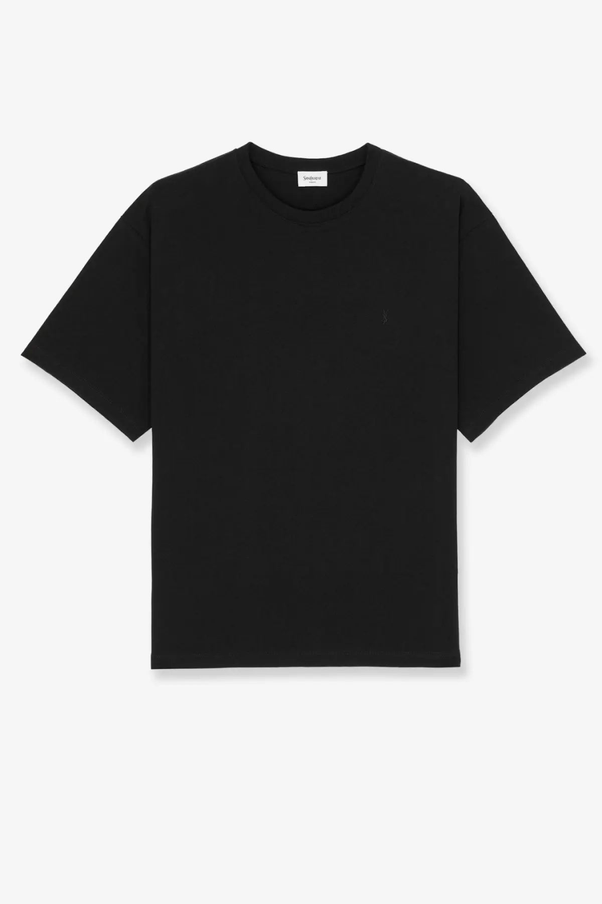 Saint Laurent men’s certified cotton black short-sleeved crew neck t-shirt with subtle embroidered logo on left chest