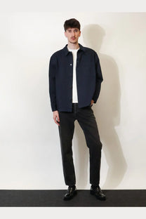 Saint Laurent men’s certified cotton navy blue button-up shirt with classic collar and two chest pockets