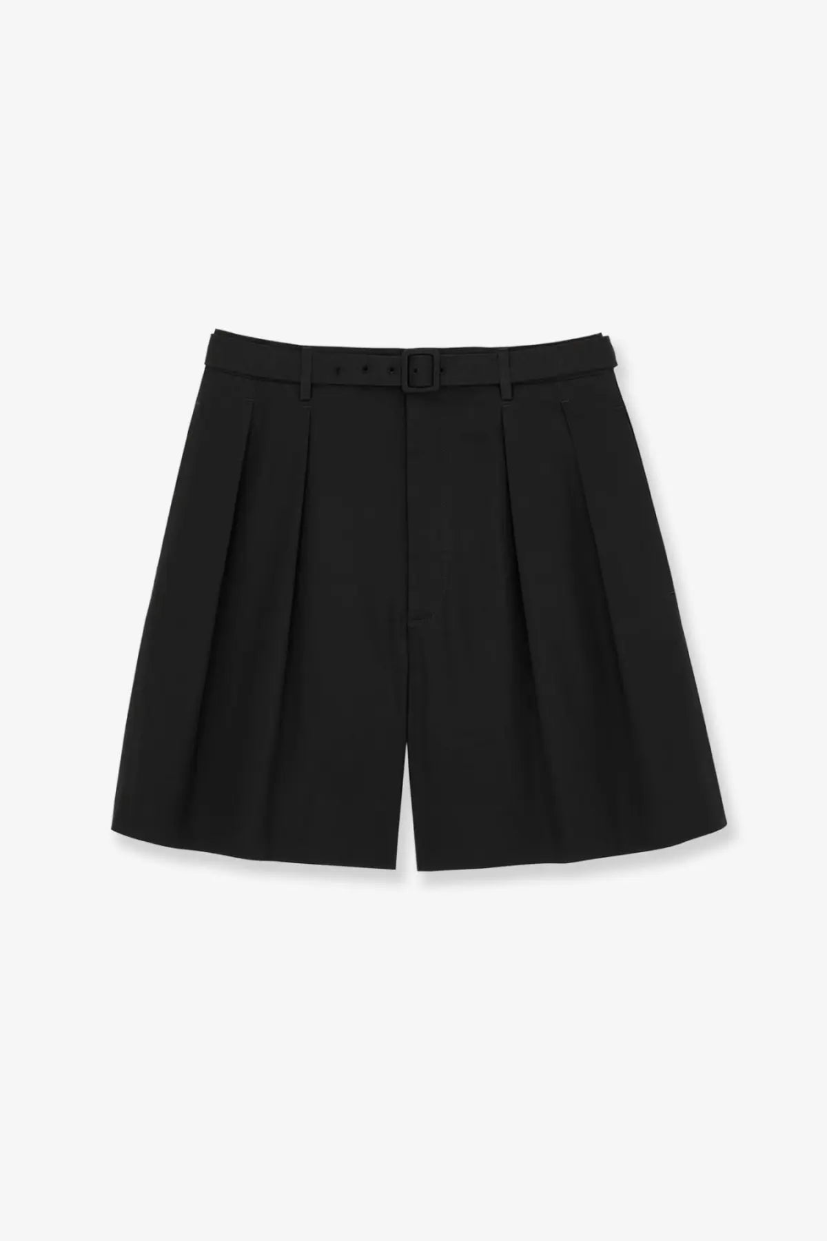Saint Laurent men’s certified cotton black shorts with pleats and matching belt and buckle front view