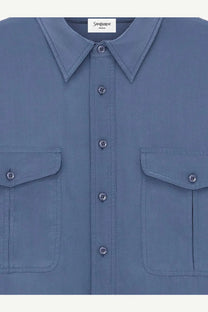 Saint Laurent men’s certified viscose and silk light blue button-up shirt with classic collar and two chest pockets