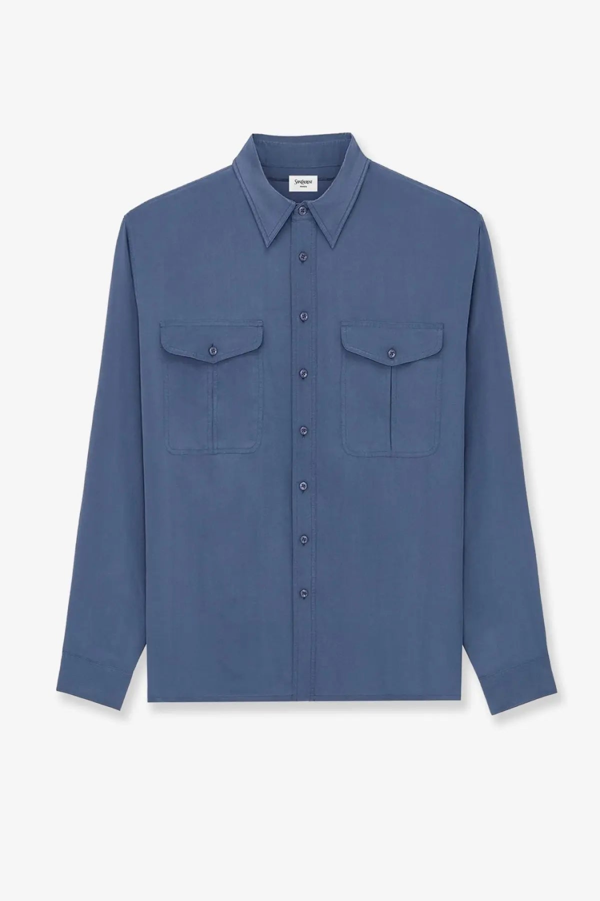 Saint Laurent men’s long-sleeved blue button-up shirt made of certified viscose and silk with two chest pockets