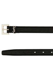 Black leather saint laurent men’s cinturra cassandre sottile belt with silver-tone ysl buckle and embossed pattern
